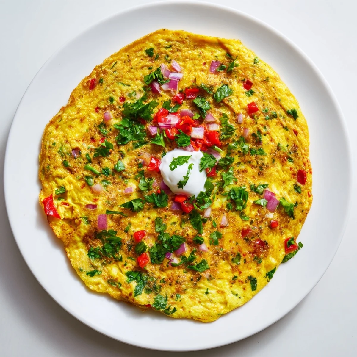 Protein-packed Afghani omelette spiced with turmeric and cumin, garnished with creamy Greek yogurt