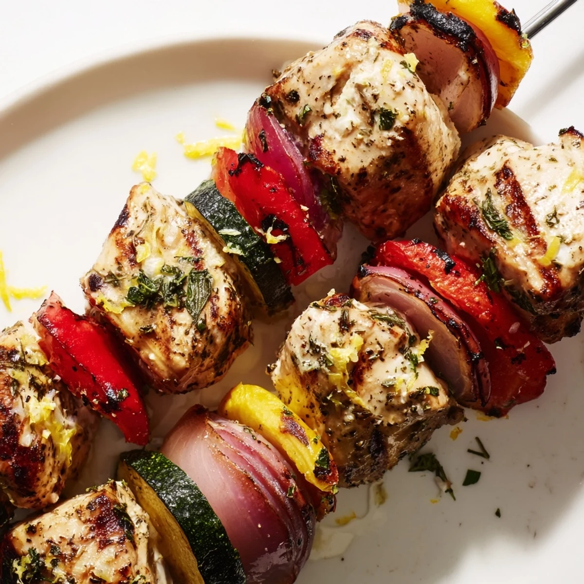 Greek Marinated Chicken Kabobs sizzling on a hot grill, charred edges