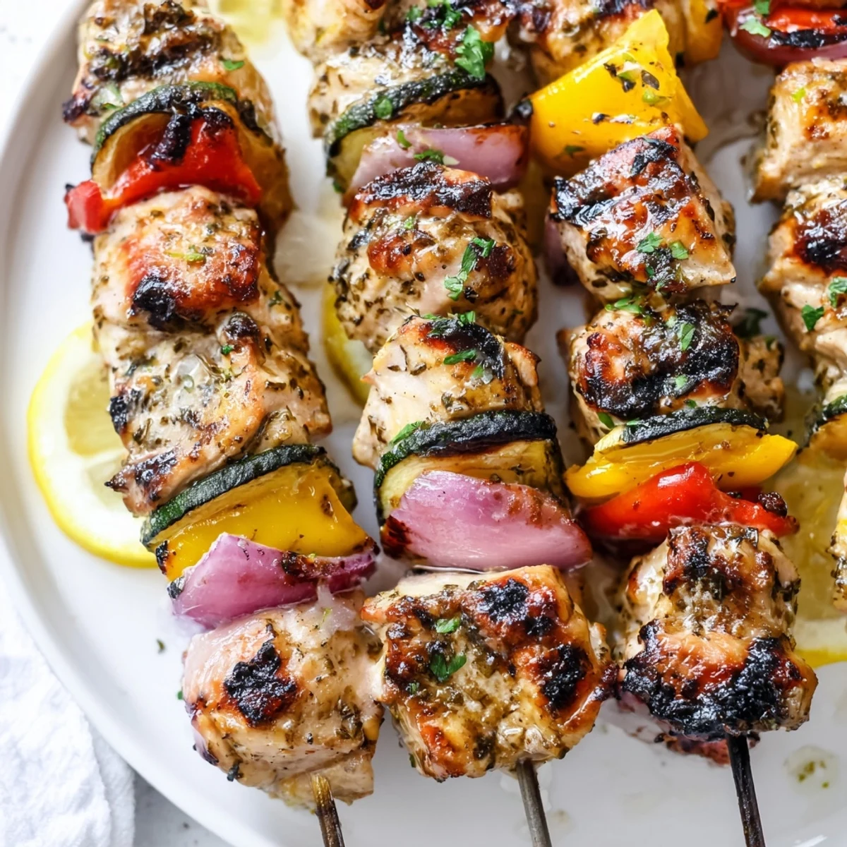 Lemon scented Greek Marinated Chicken Kabobs served with creamy tzatziki and parsley