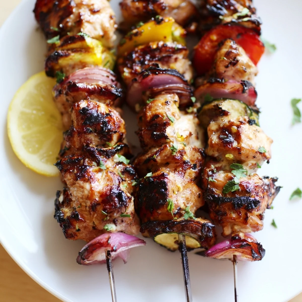 Tender Greek Marinated Chicken Kabobs threaded with colorful peppers and zucchini