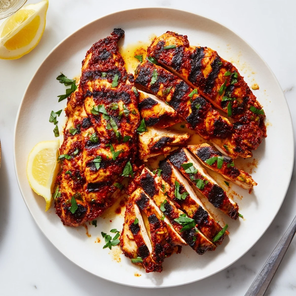 Grilled Chicken sizzling with charred edges, lemon wedges and parsley garnish