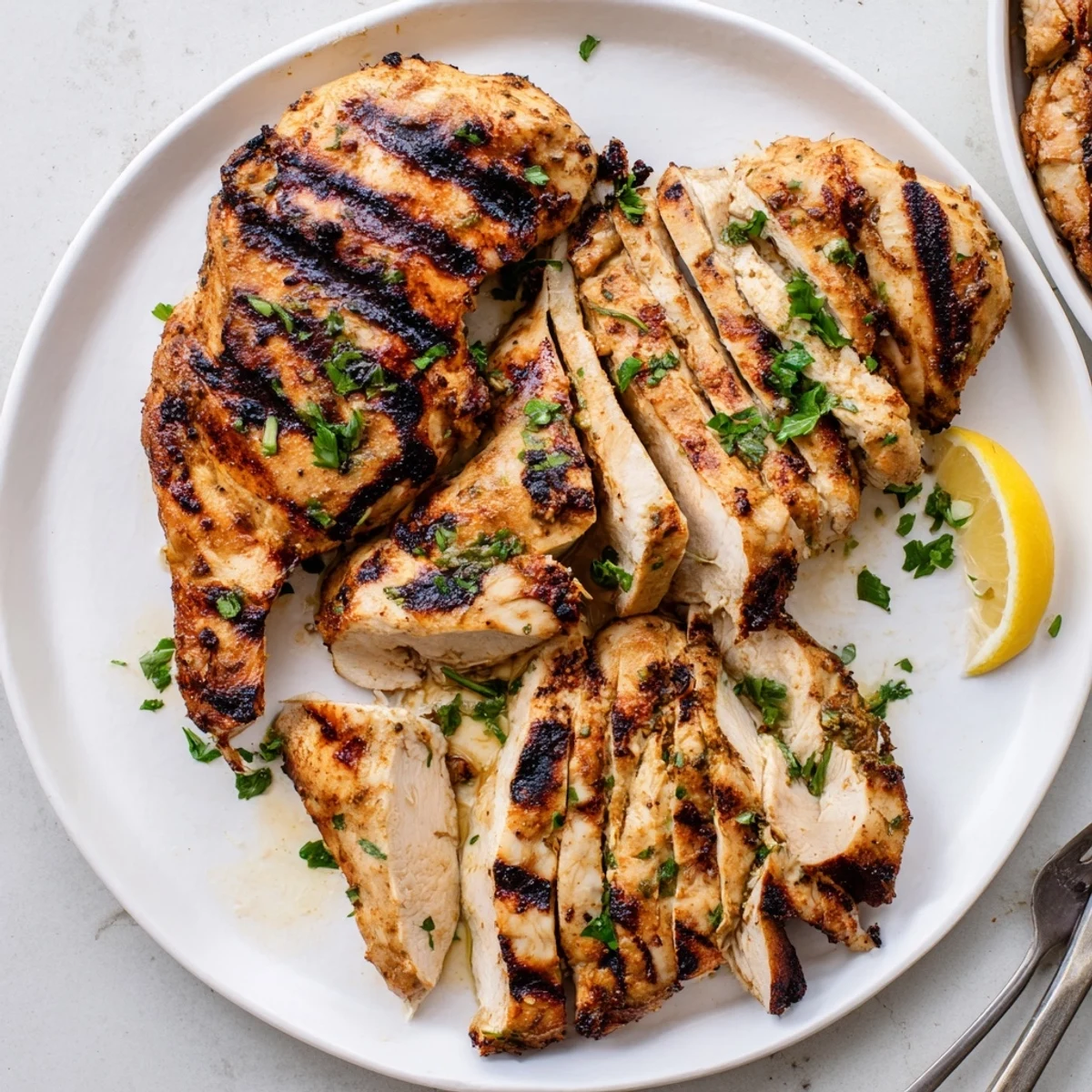 Plate of Grilled Chicken resting on cutting board, steam and grill marks