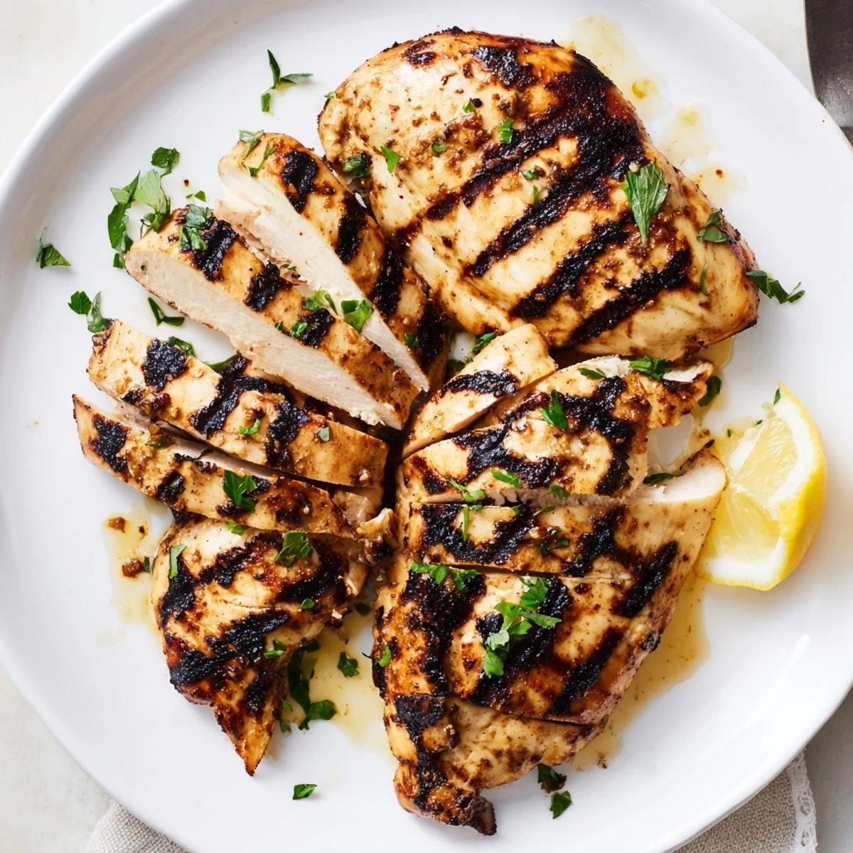 Family-style Grilled Chicken sliced, juicy interiors visible, served with lemon