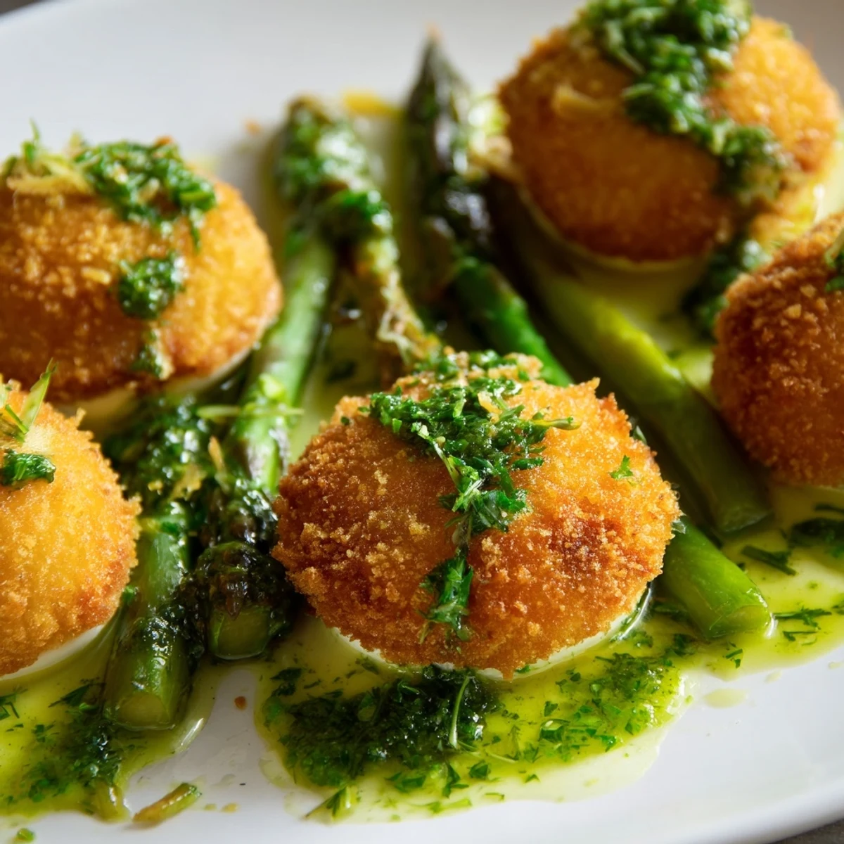 Golden crispy egg yolks with herb sauce atop tender grilled asparagus spears on white plate