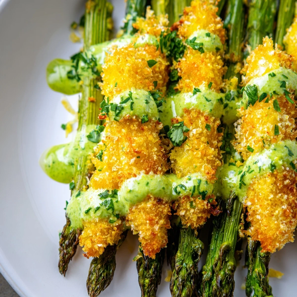 Restaurant-style appetizer featuring breaded fried yolks over charred asparagus with bright green herb dressing