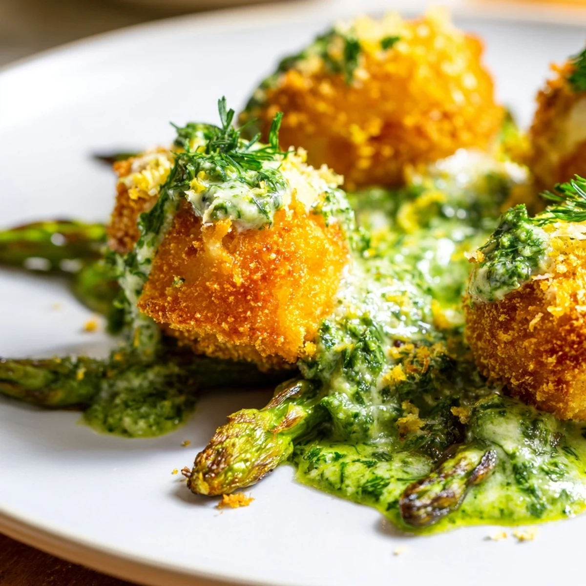 Crispy coated egg yolks resting on grilled asparagus drizzled with fresh parsley and chive sauce