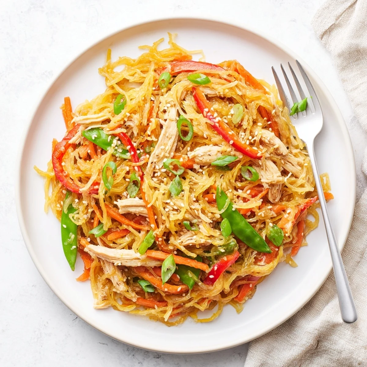 Roasted spaghetti squash strands tossed with tender chicken and colorful crisp vegetables in a savory Asian-inspired sauce