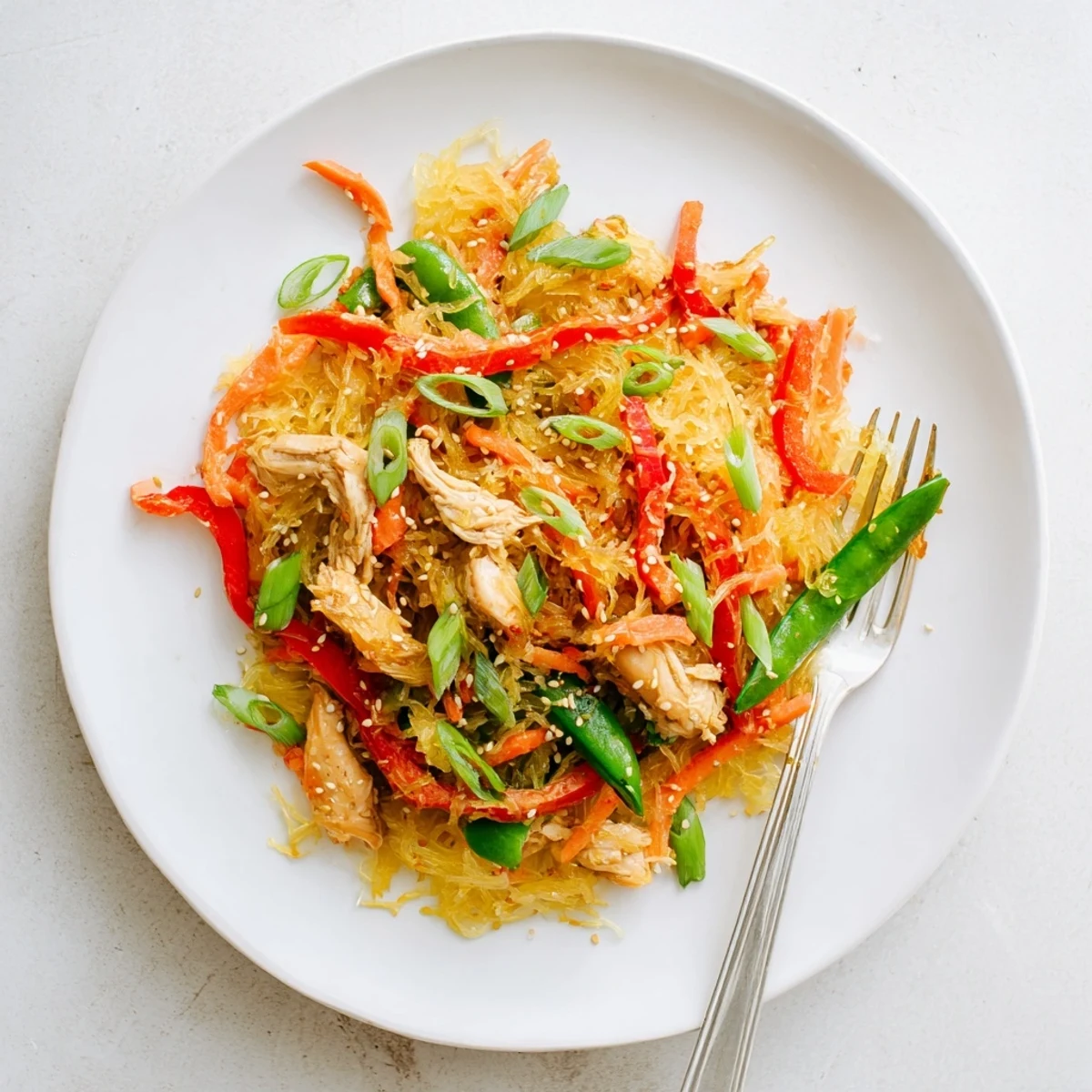 Gluten-free spaghetti squash chicken chow mein in a white bowl garnished with fresh green onions and sesame seeds