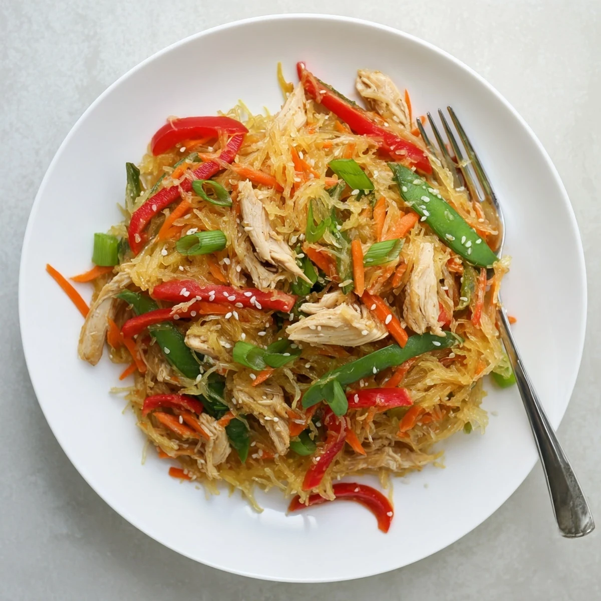 Lighter low carb chow mein featuring spaghetti squash noodles, sliced chicken breast, snap peas, and carrots in wok