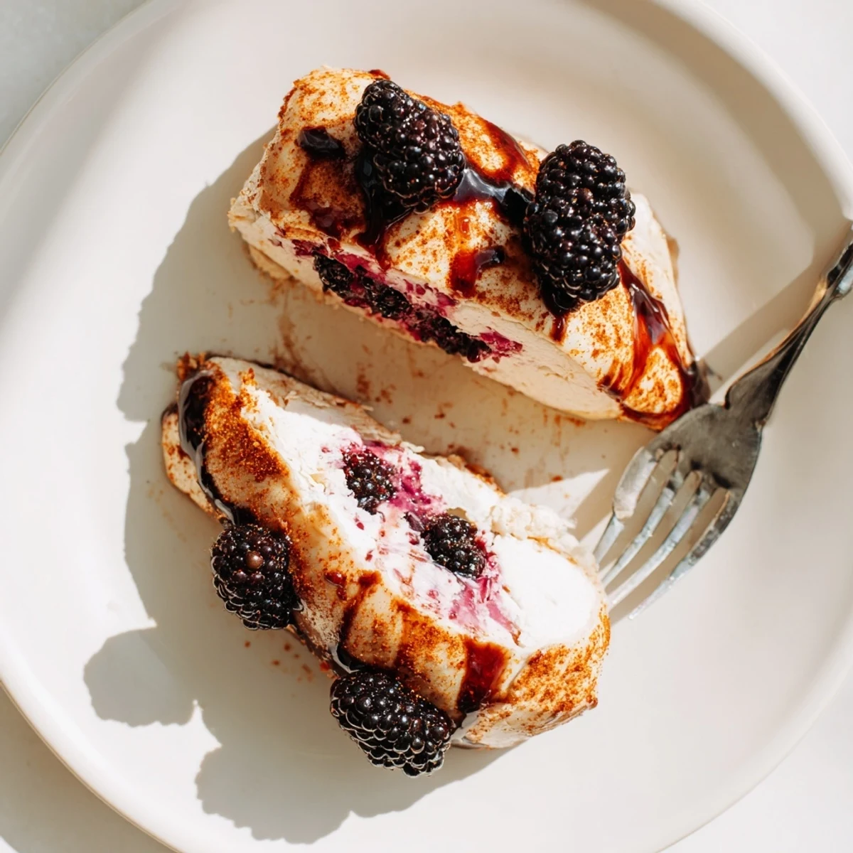 Golden brown sweet spicy blackberry stuffed chicken breast with purple berry filling oozing onto a white plate