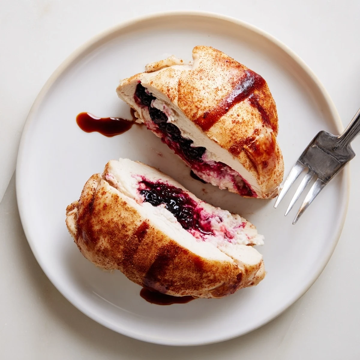 Whole stuffed chicken breast garnished with fresh blackberries and drizzled with sweet tangy balsamic honey sauce