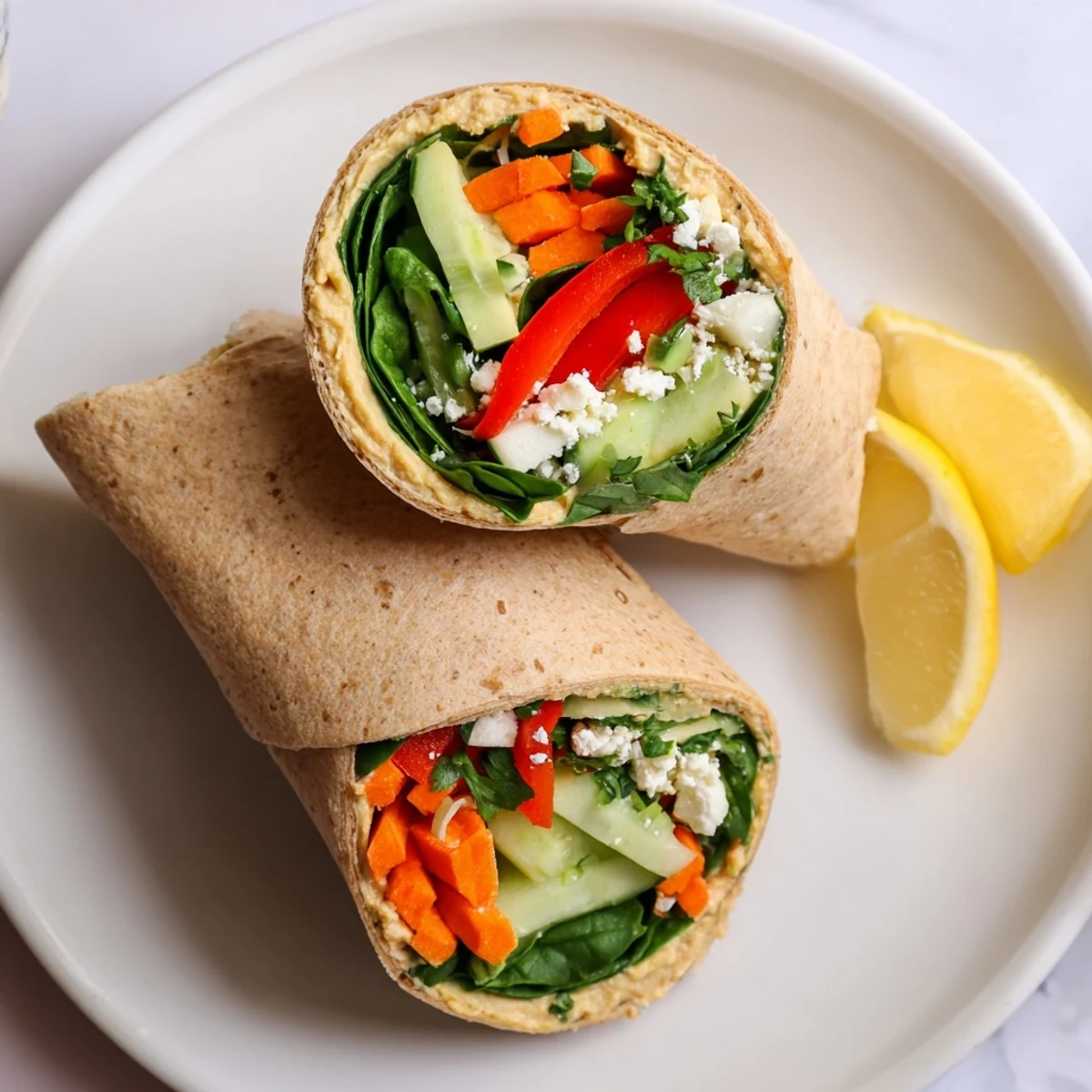 Golden Spinach Hummus Lunch Wraps featuring fresh cucumber and sliced avocado