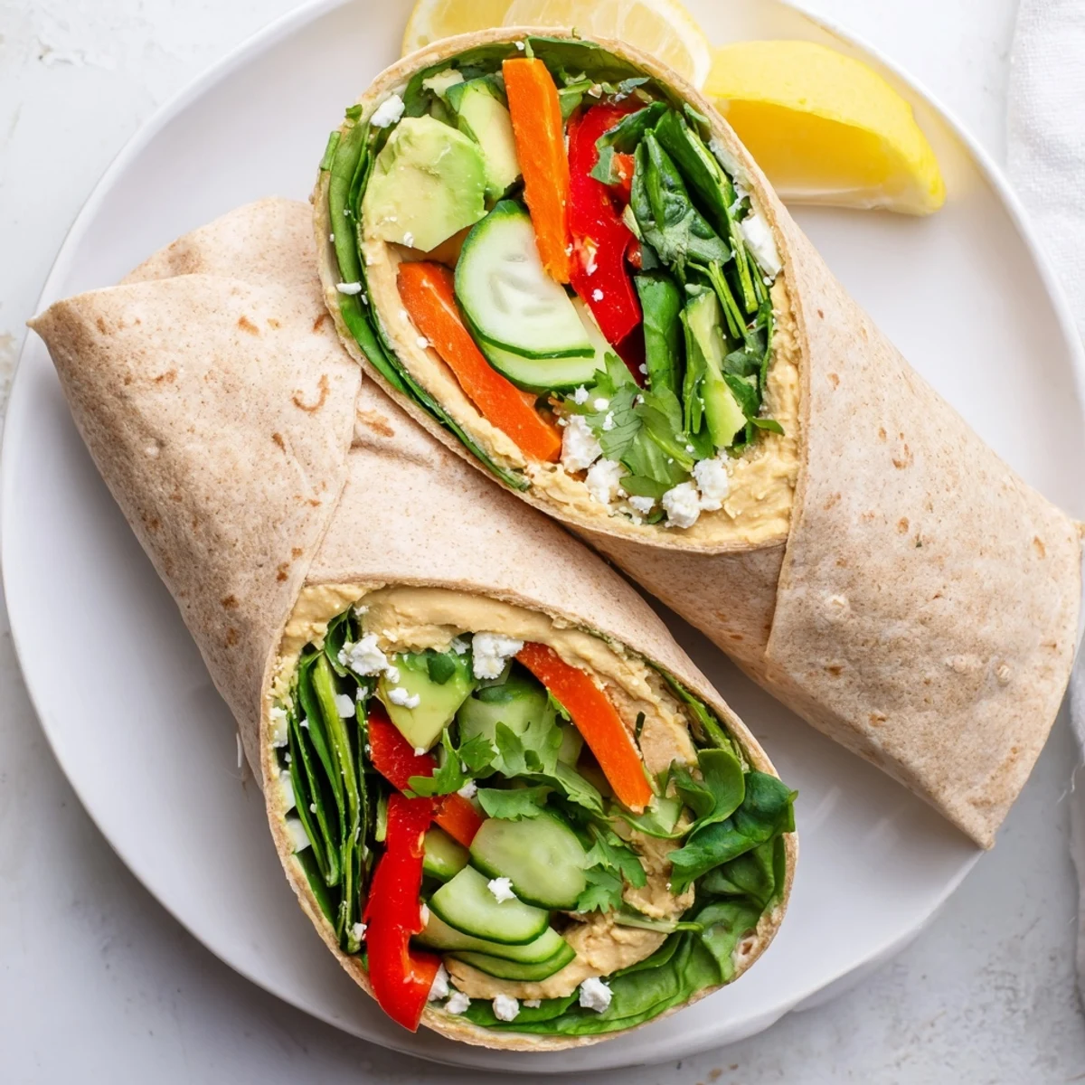 Colorful vegetable wraps rolled tight with creamy hummus and crisp spinach leaves