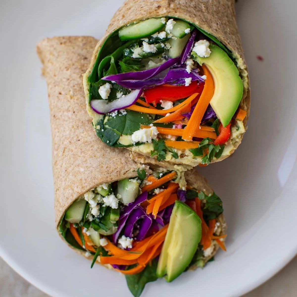 Hummus veggie wrap rolled with fresh spinach, bell peppers, and cucumber for healthy lunch