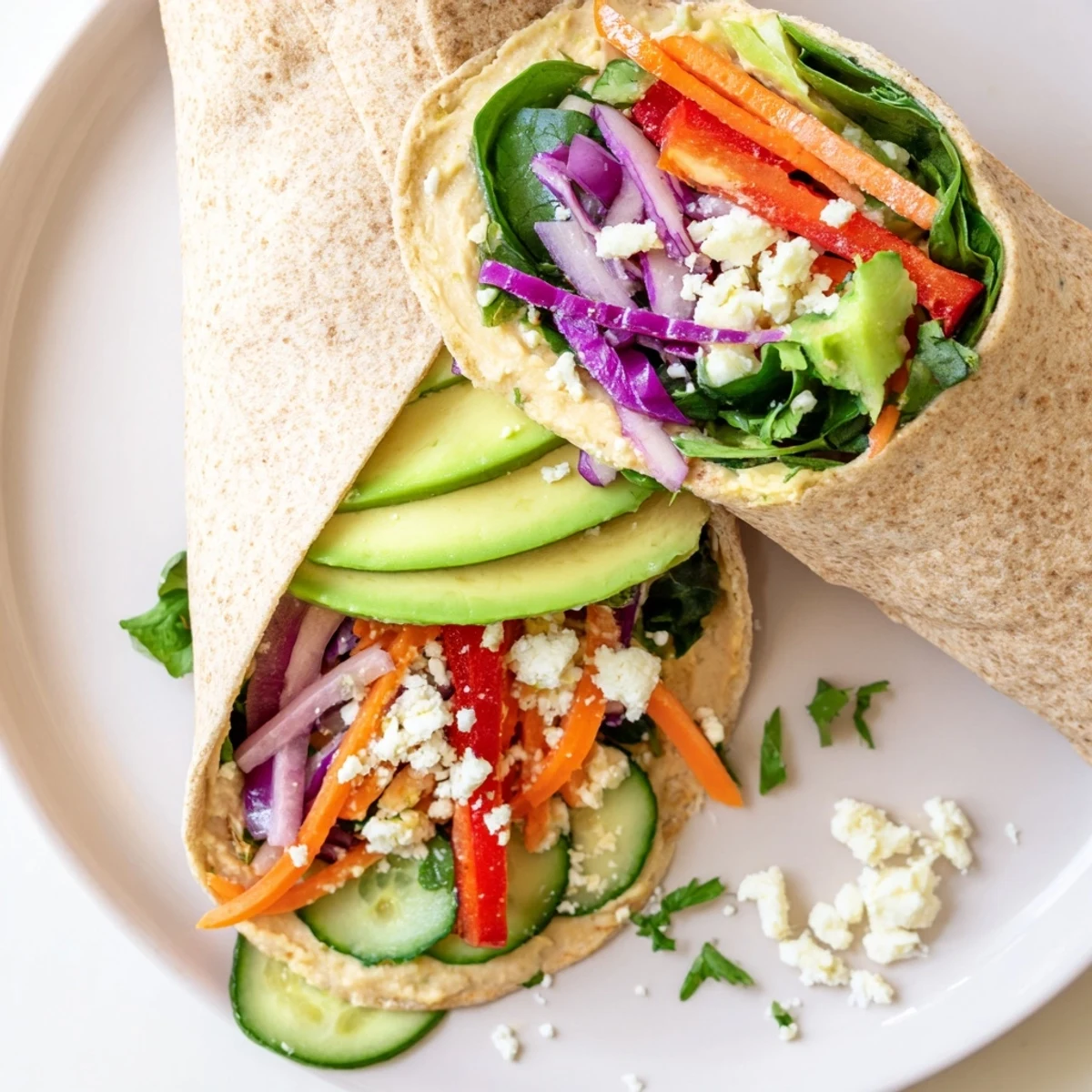 Mediterranean hummus veggie wrap sliced diagonally showcasing crisp vegetables and creamy spread inside