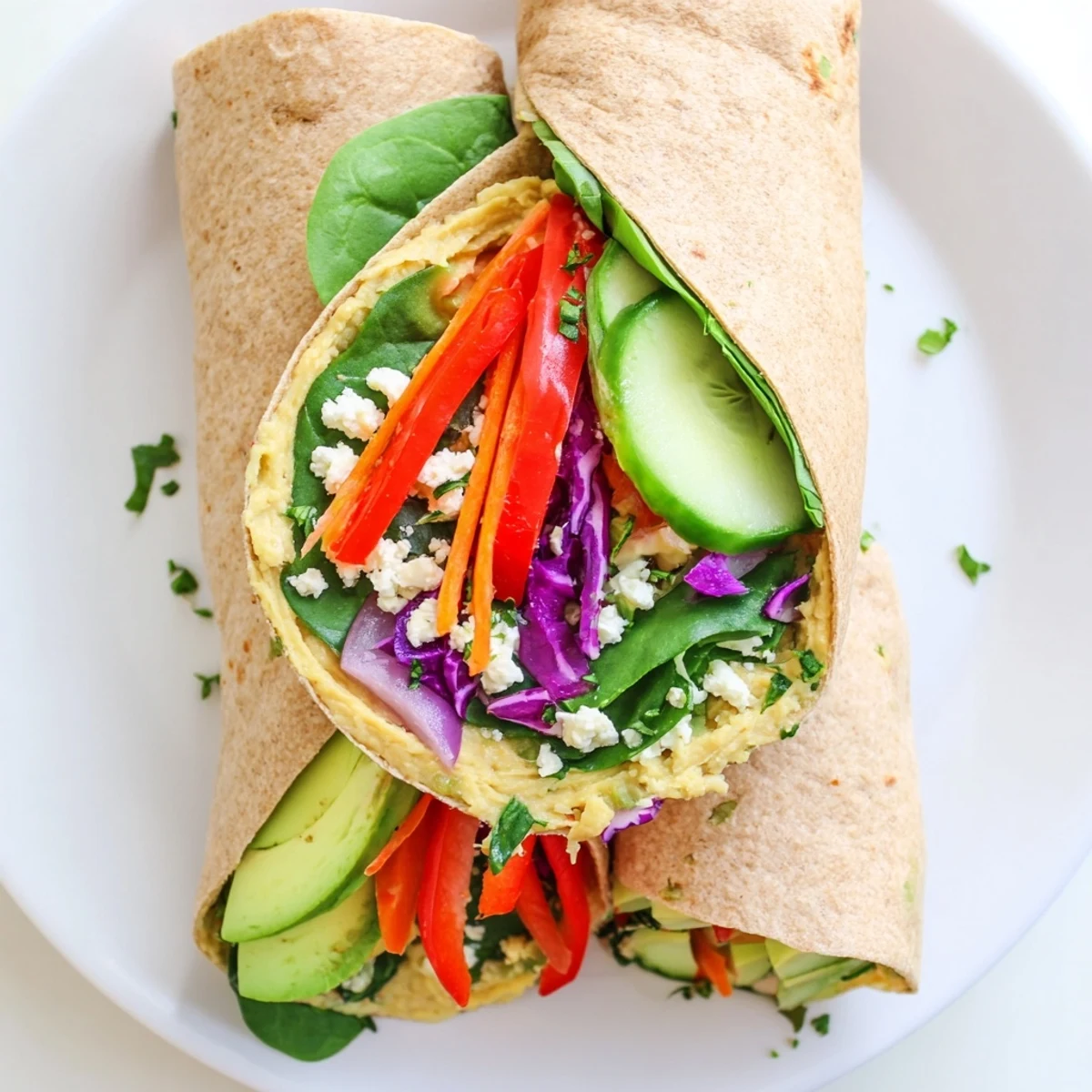 Colorful hummus veggie wrap with purple cabbage, carrots, and avocado on whole wheat tortilla