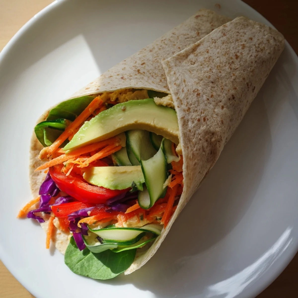 Fresh veggie wrap with hummus featuring crisp spinach, carrots, cucumber, and red cabbage rolled in whole wheat tortilla