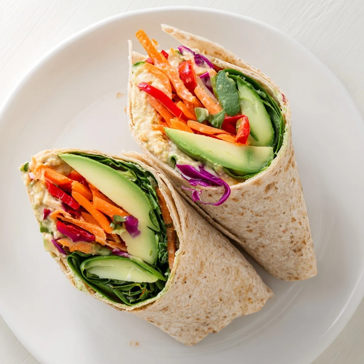 Diagonally sliced veggie wrap with hummus revealing layers of vibrant vegetables nestled inside soft whole wheat tortilla halves