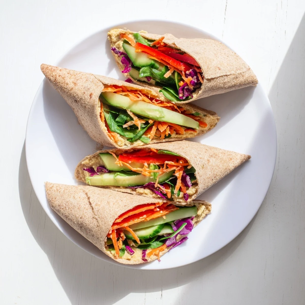 Colorful Mediterranean veggie wrap with hummus showcasing sliced bell pepper, shredded vegetables, and creamy spread ready for lunch