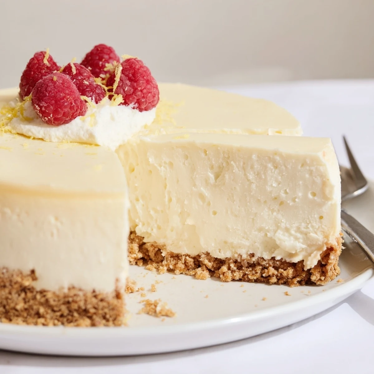 Silky slices of Classic Cheesecake with buttery graham crust, served with berries.
