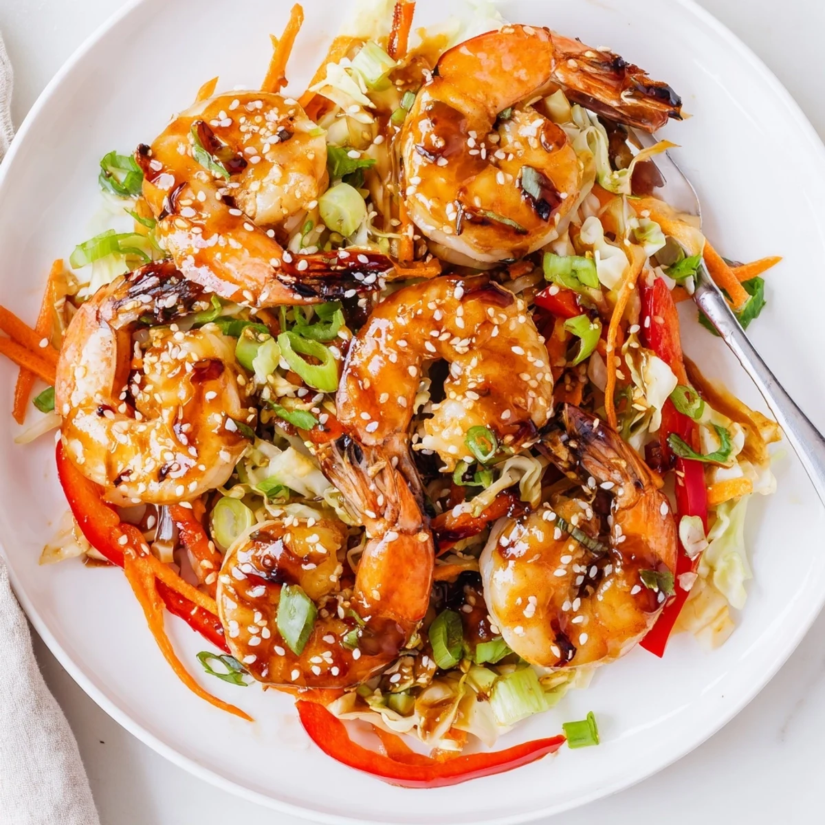 Delicious Asian Shrimp And Cabbage Stir Fry sizzling in wok, sesame garnish