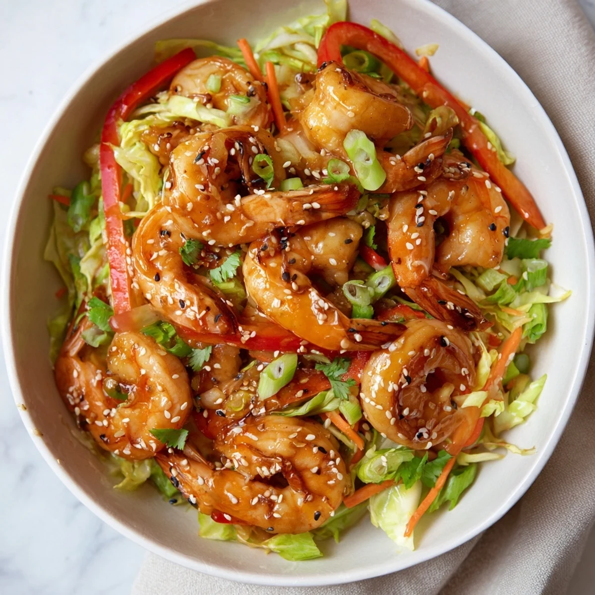 Delicious Asian Shrimp And Cabbage Stir Fry bright vegetables, garlic-ginger aroma, ready to serve