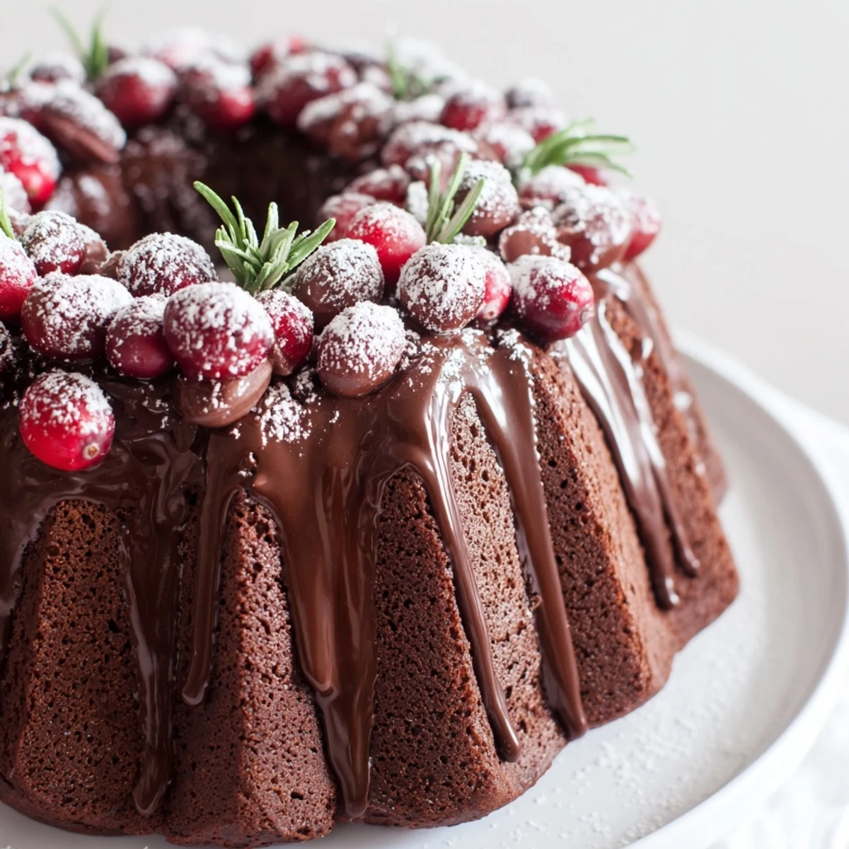 Warm Chocolate Bundt Cake Christmas Wreath on a wire rack with rosemary sprigs