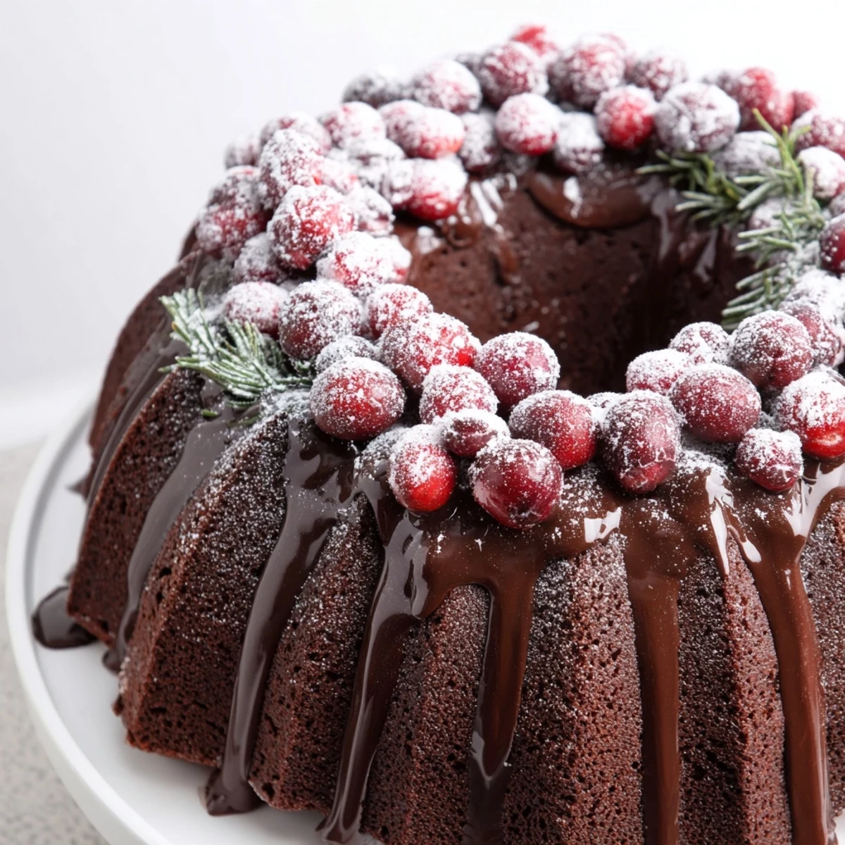 Chocolate Bundt Cake Christmas Wreath topped with glossy chocolate glaze and sugared cranberries