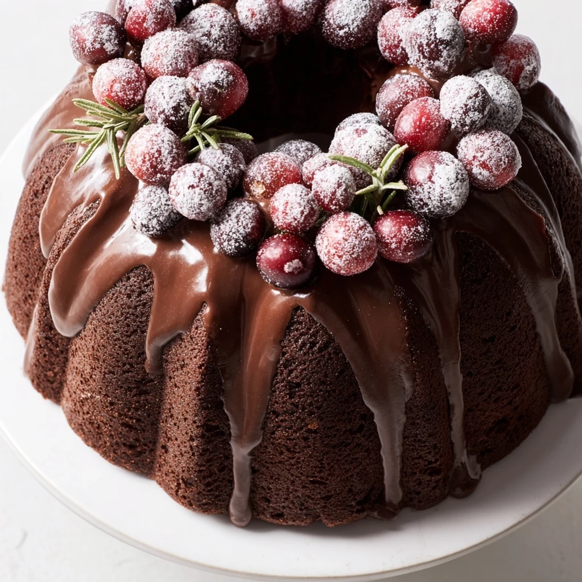 Slice ready Chocolate Bundt Cake Christmas Wreath dusted with powdered sugar, festive centerpiece