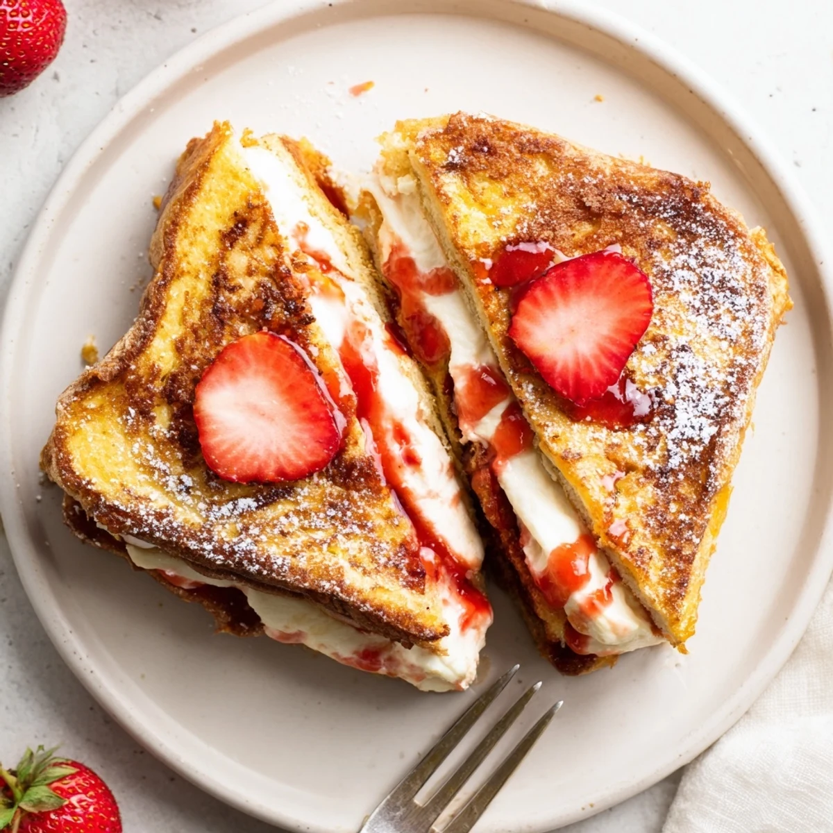 Plate shows Cream Cheese Stuffed French Toast With Strawberry Drizzle served beside coffee.