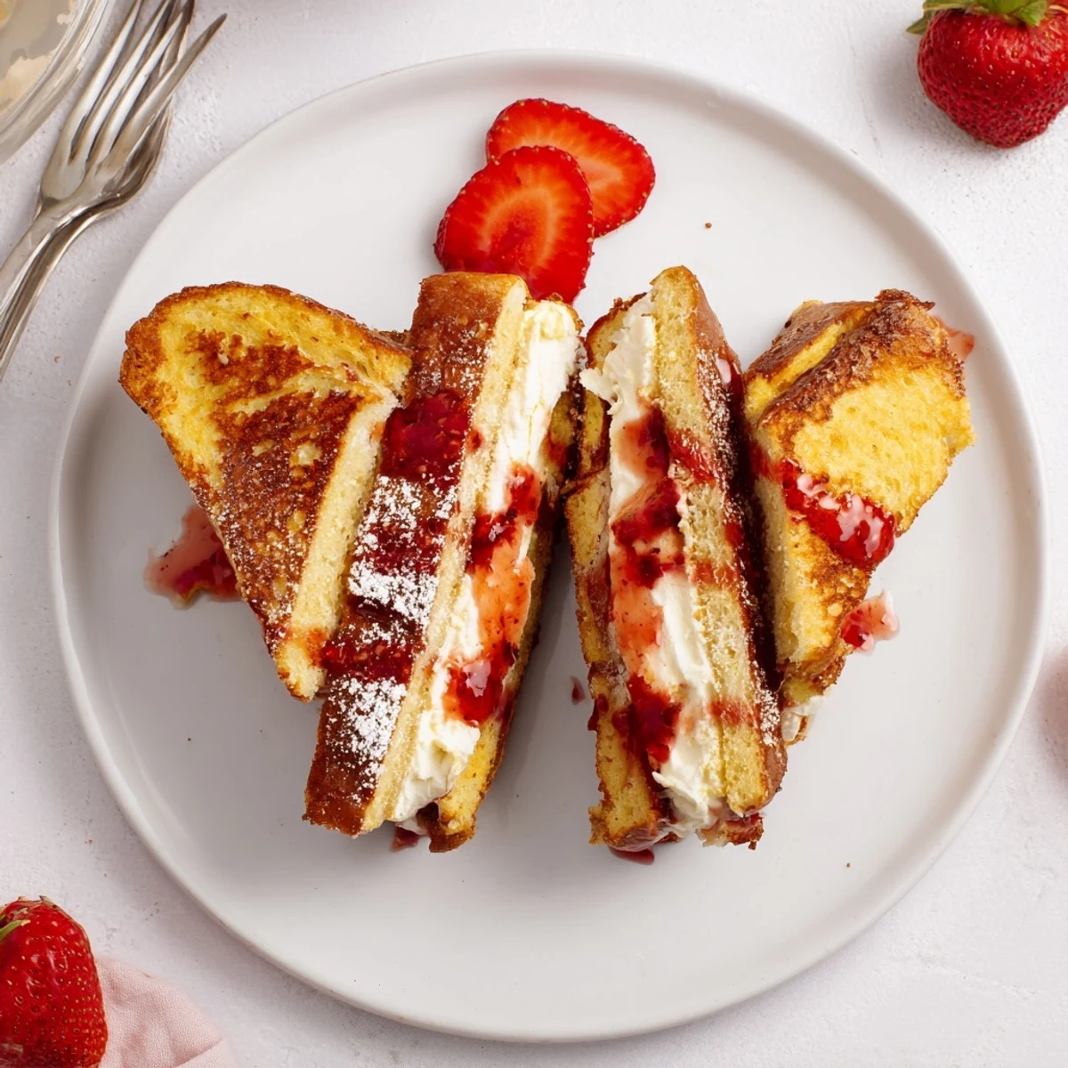 Cream Cheese Stuffed French Toast With Strawberry Drizzle, golden slices topped with powdered sugar.