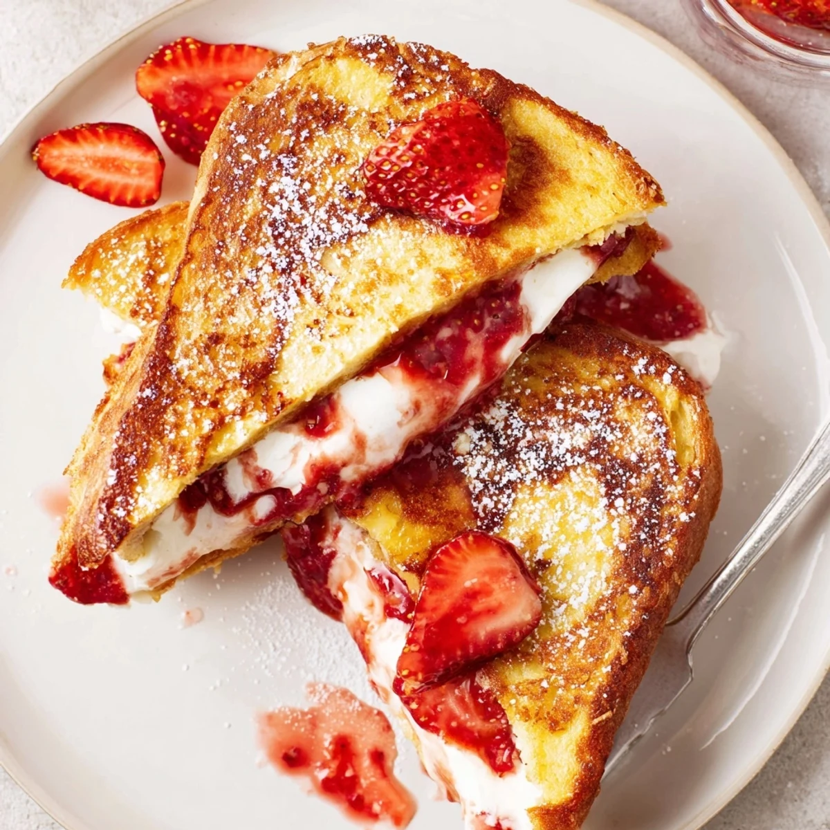 Warm Cream Cheese Stuffed French Toast With Strawberry Drizzle, oozing creamy filling, bright sauce.