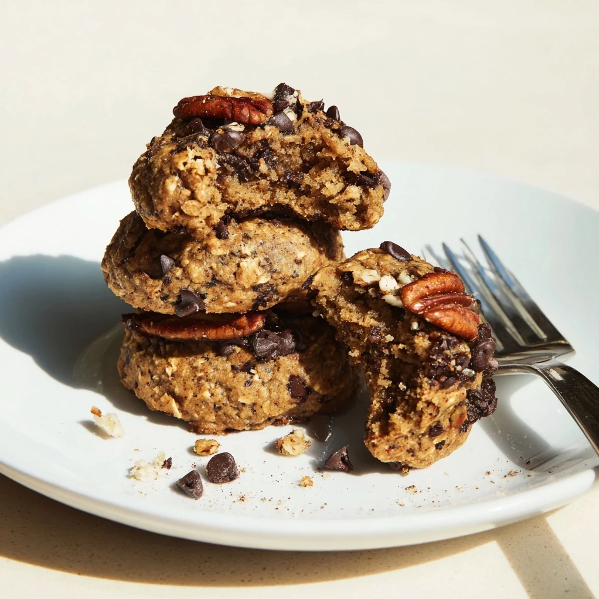 Baked Banana Oat Cookies stacked on plate, hint of cinnamon aroma.
