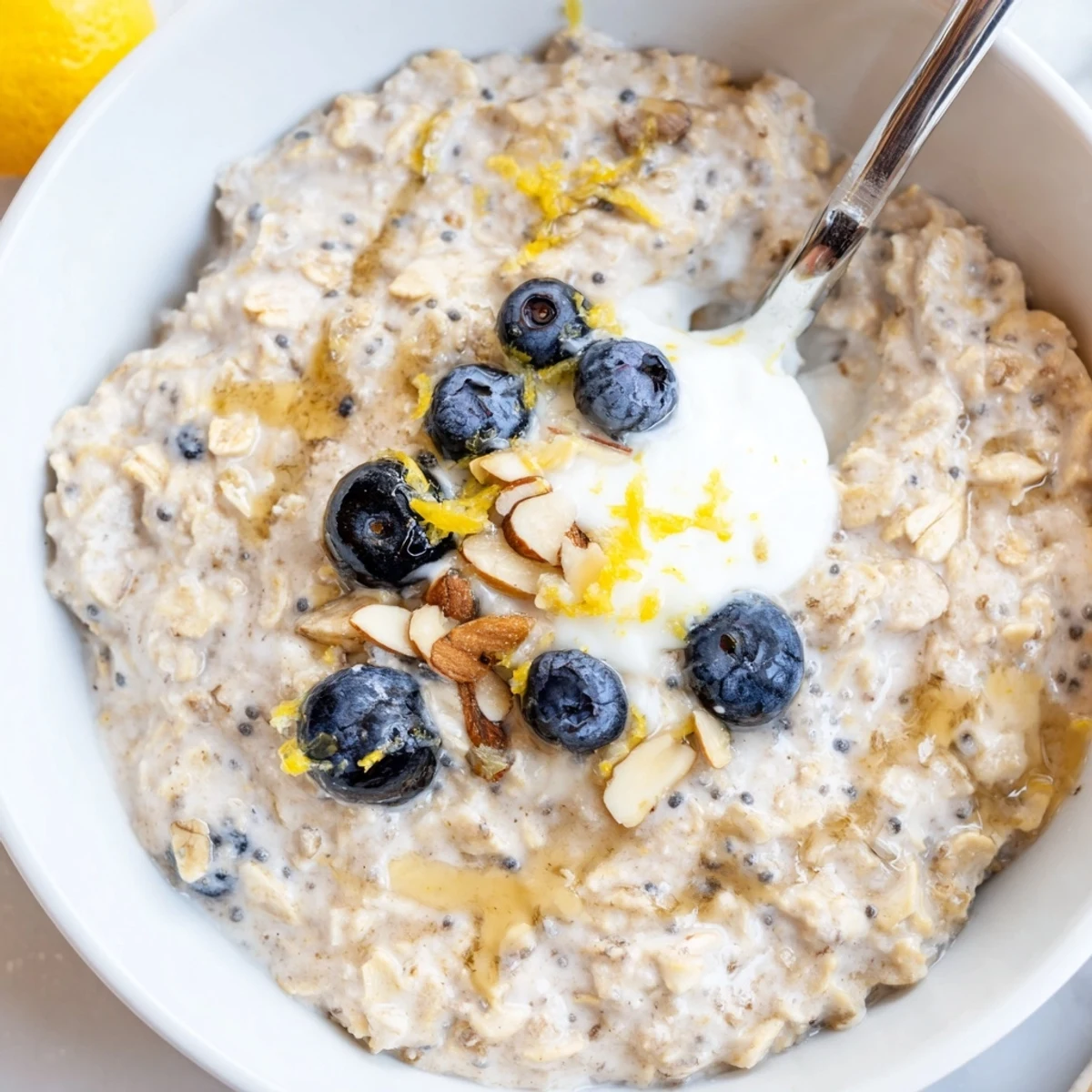 Creamy Blueberry Lemon Overnight Oats in jar, bright lemon zest and berries