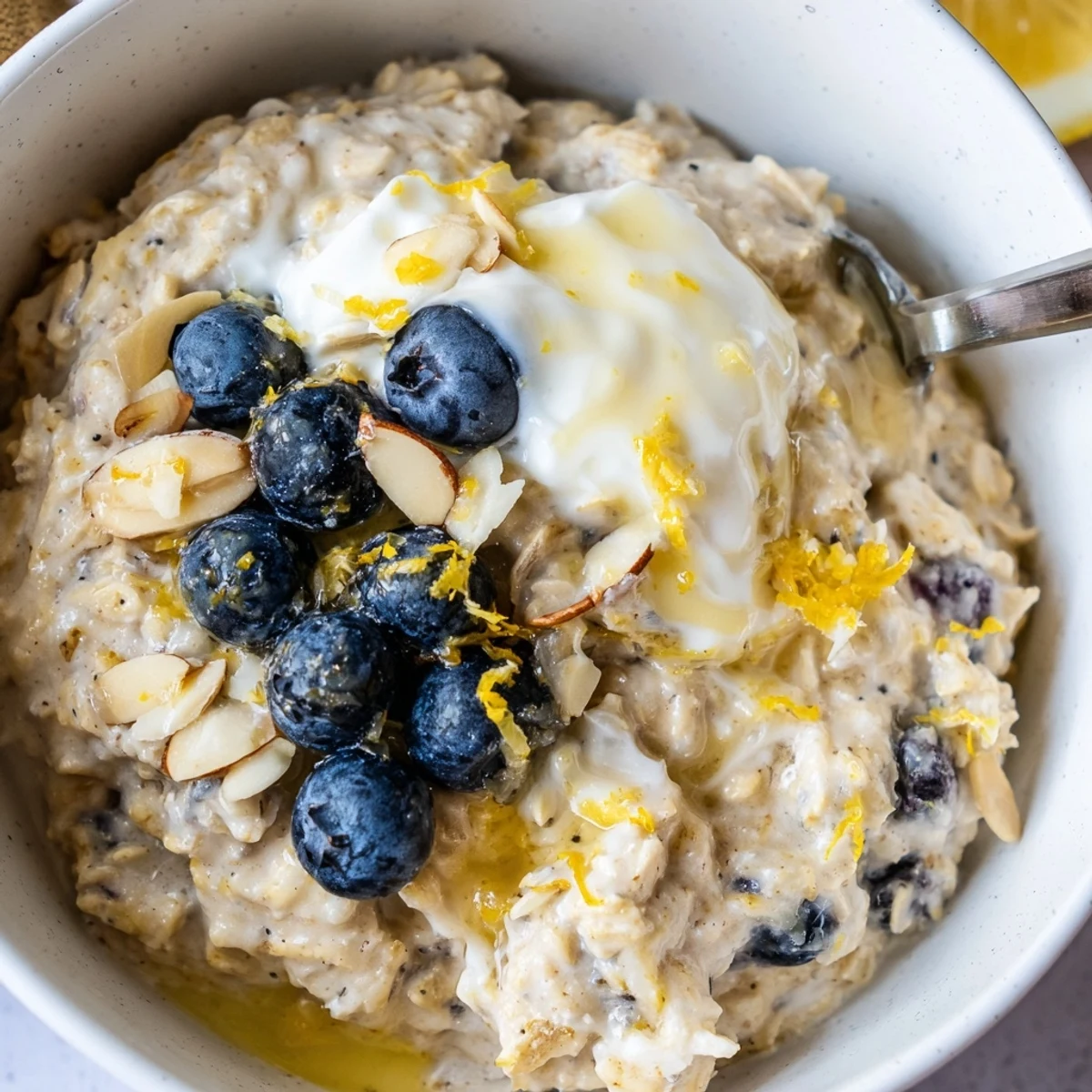 Spoon-ready Blueberry Lemon Overnight Oats swirled with yogurt, zesty lemon aromas