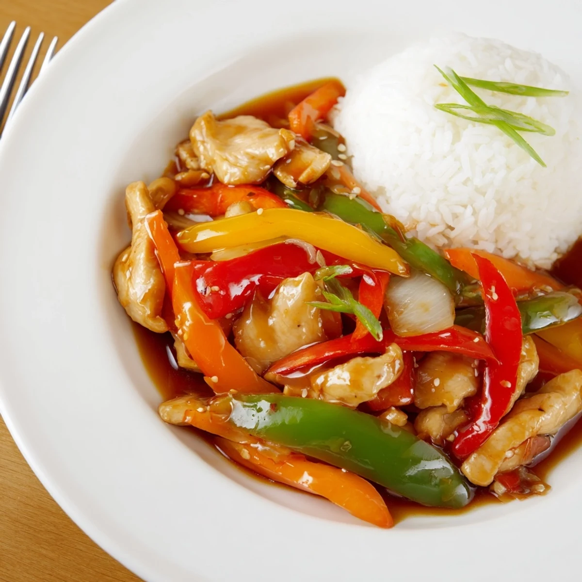 Plate of Quick Pepper Chicken Stir Fry over steaming jasmine rice, garnished