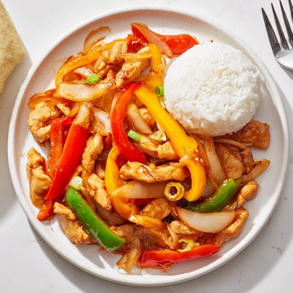Bright Quick Pepper Chicken Stir Fry with crisp bell peppers and scallions