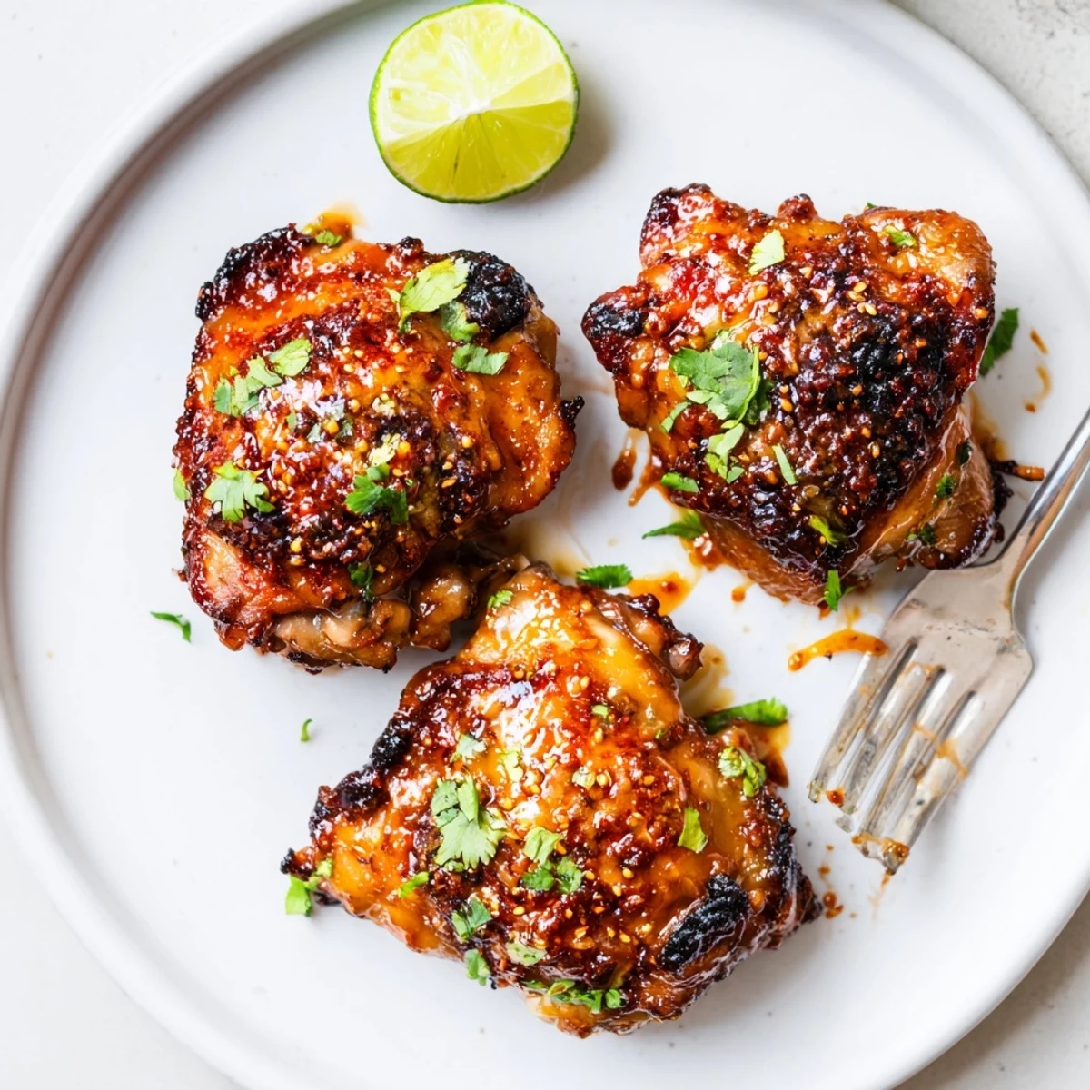 Golden-skinned Chipotle Honey Chicken Thighs With Smoked Gouda, bubbling cheese, lime.