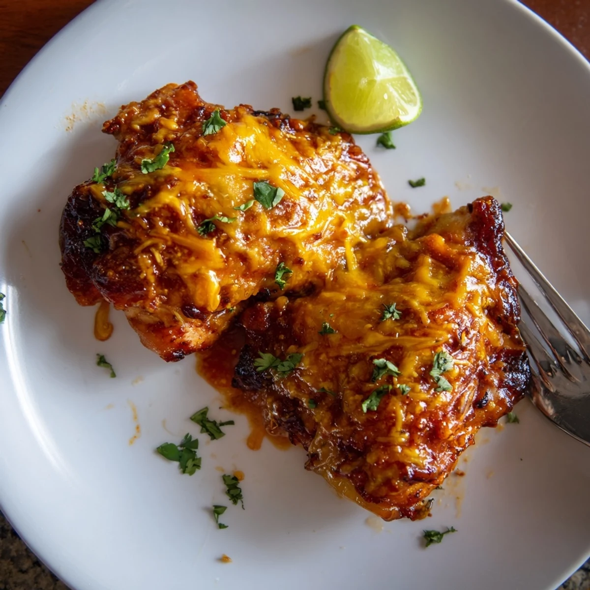 Plated Chipotle Honey Chicken Thighs With Smoked Gouda, juicy, finished with cilantro.