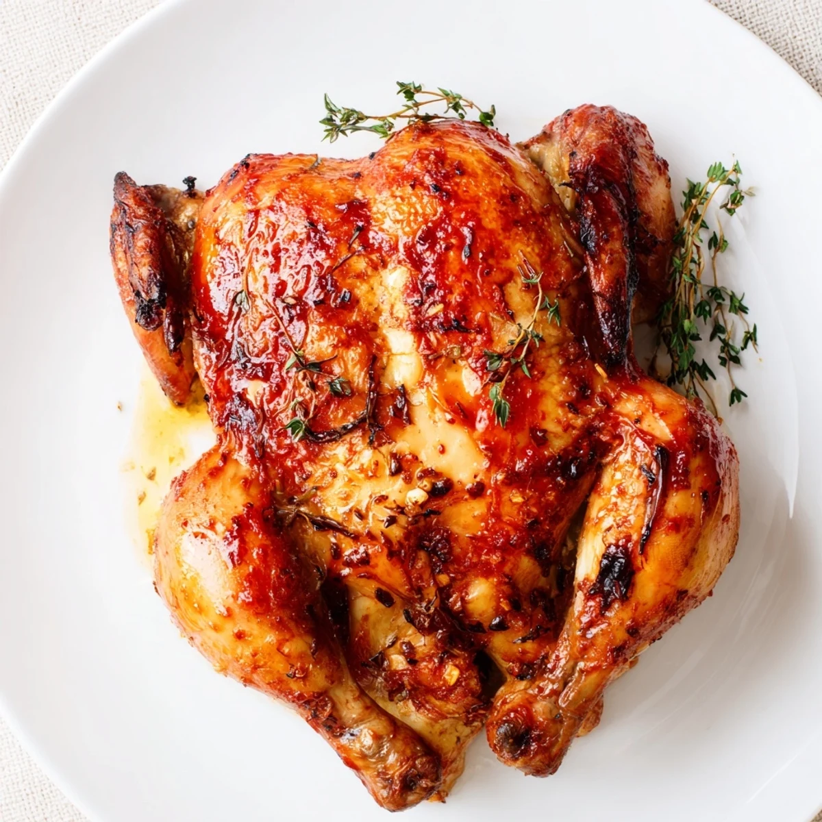 Sliced Buttermilk Roasted Chicken on wooden board, herbs and drippings