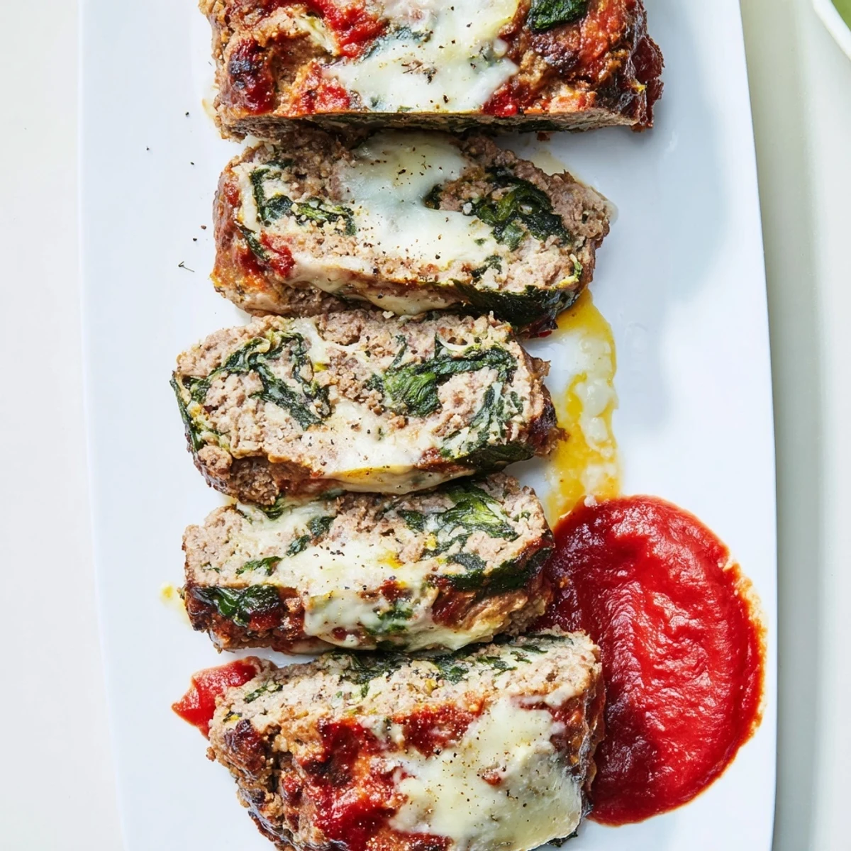 Golden brown Italian spinach mozzarella meatloaf sliced to reveal melted cheese and tender spinach throughout