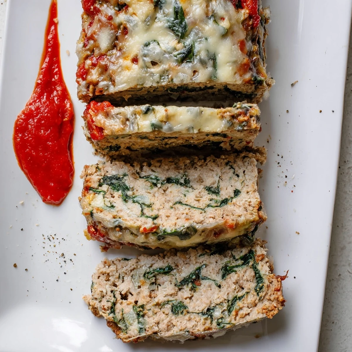 Savory Italian meatloaf studded with spinach and mozzarella, served on a white plate with red sauce