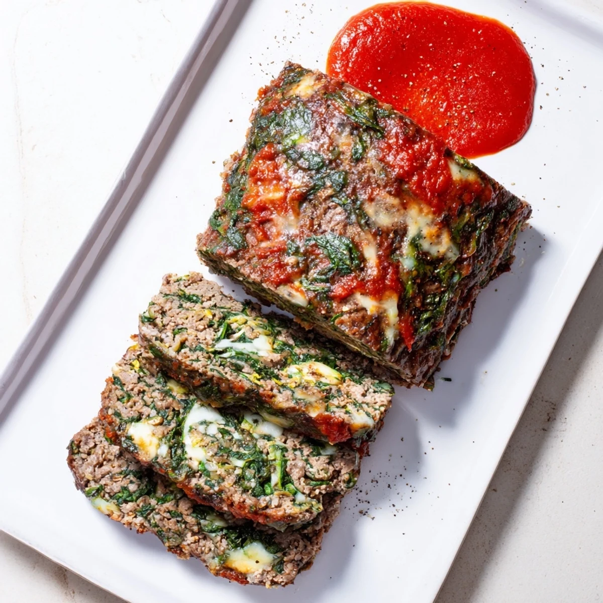 Juicy meatloaf topped with marinara sauce, featuring gooey mozzarella and fresh spinach in every bite
