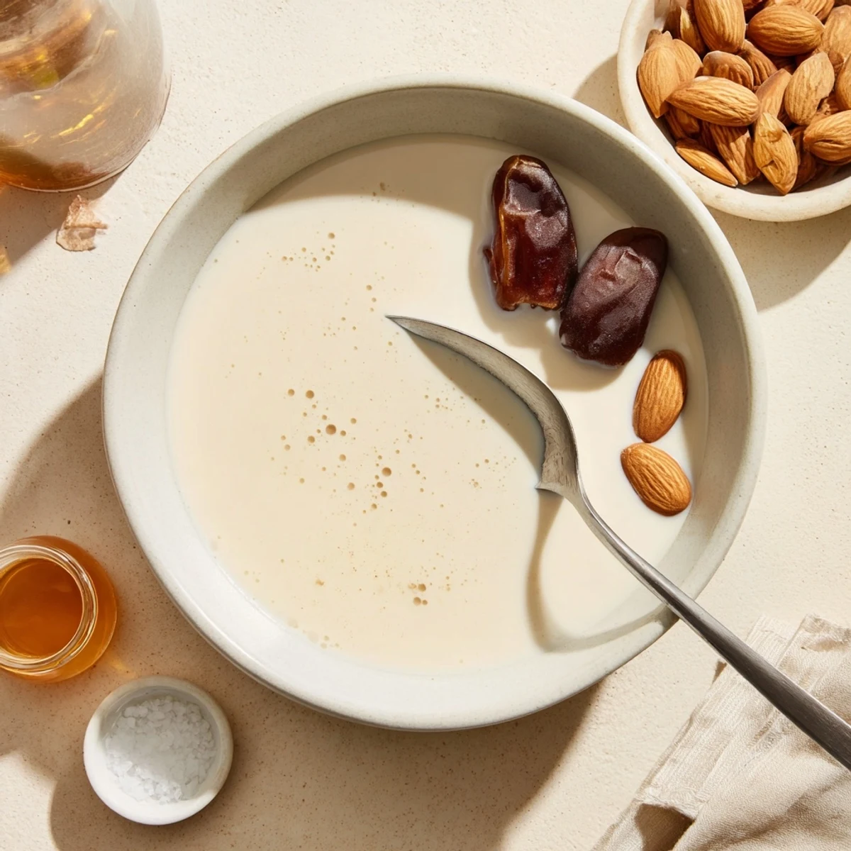 Velvety Almond Milk being poured into steaming coffee, wooden spoon nearby.