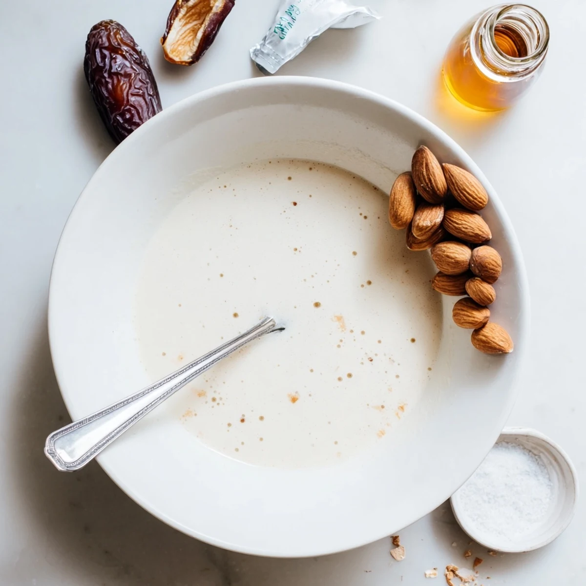 Soaked almonds and blender beside creamy Almond Milk in glass jar.