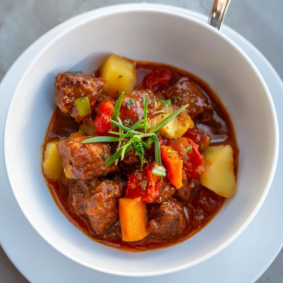 Spezzatino Di Manzo Italian Beef Stew simmering in Dutch oven, served with crusty bread