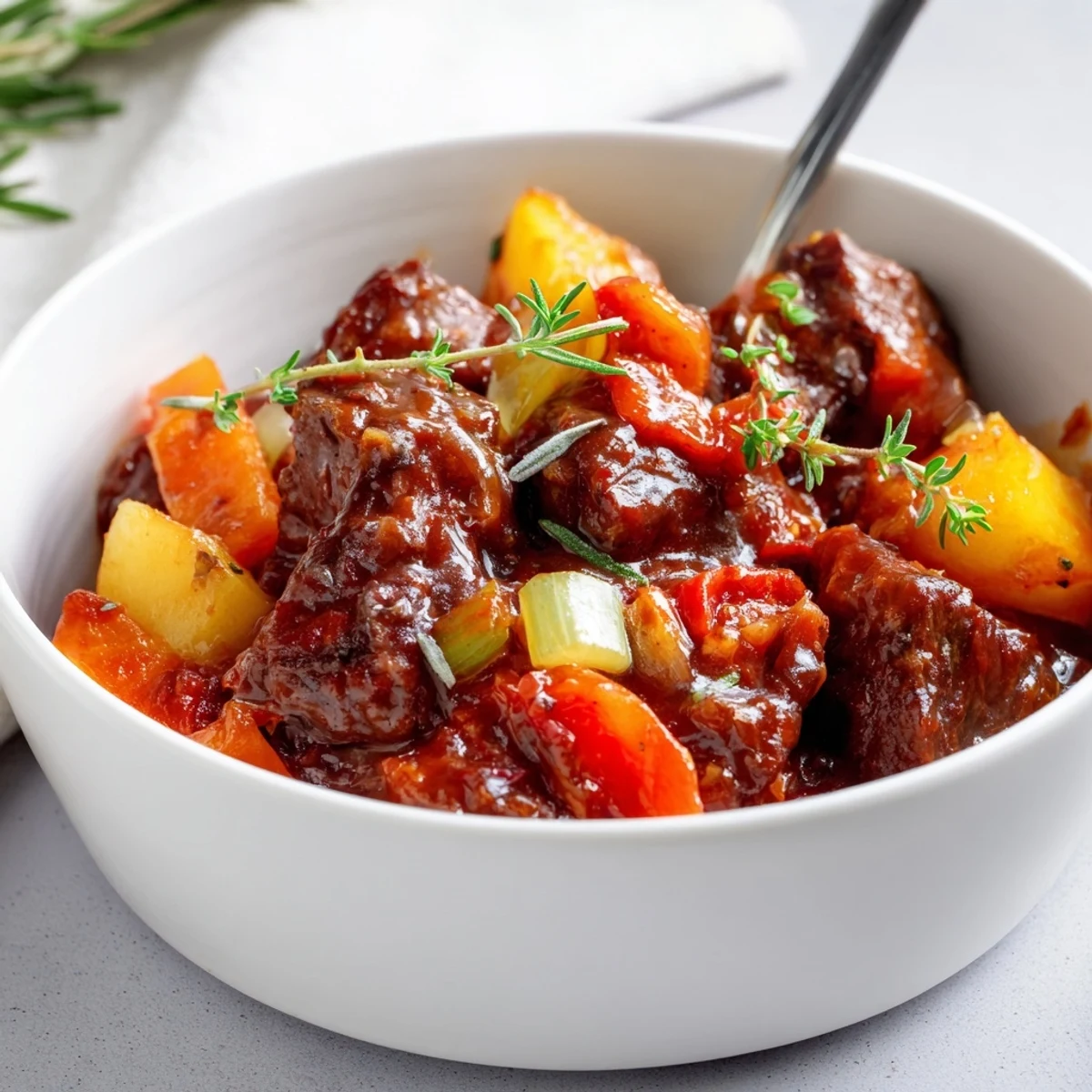 Hearty Spezzatino Di Manzo Italian Beef Stew ladled over creamy polenta, steaming