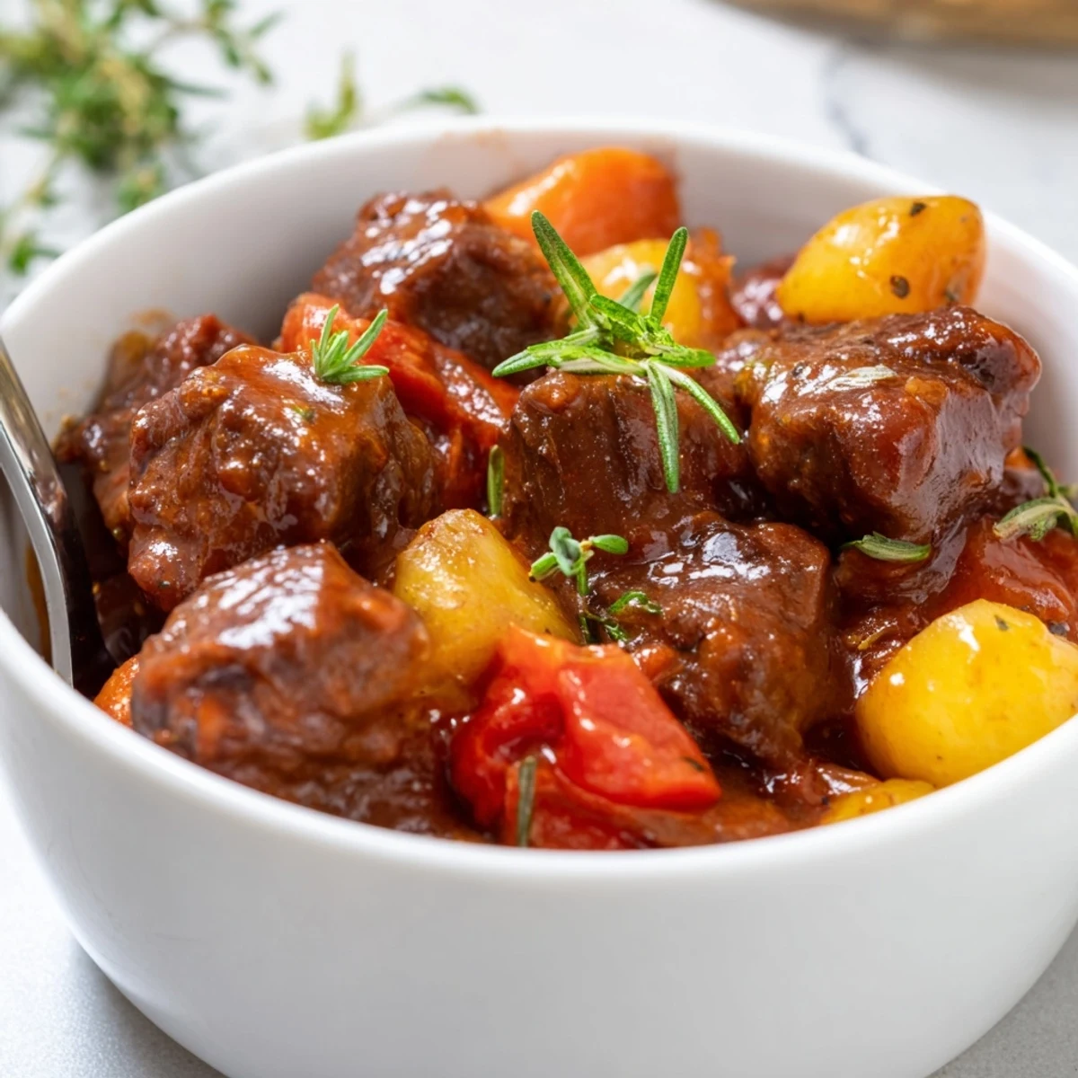 Slow-cooked Spezzatino Di Manzo Italian Beef Stew with tender potatoes and thyme