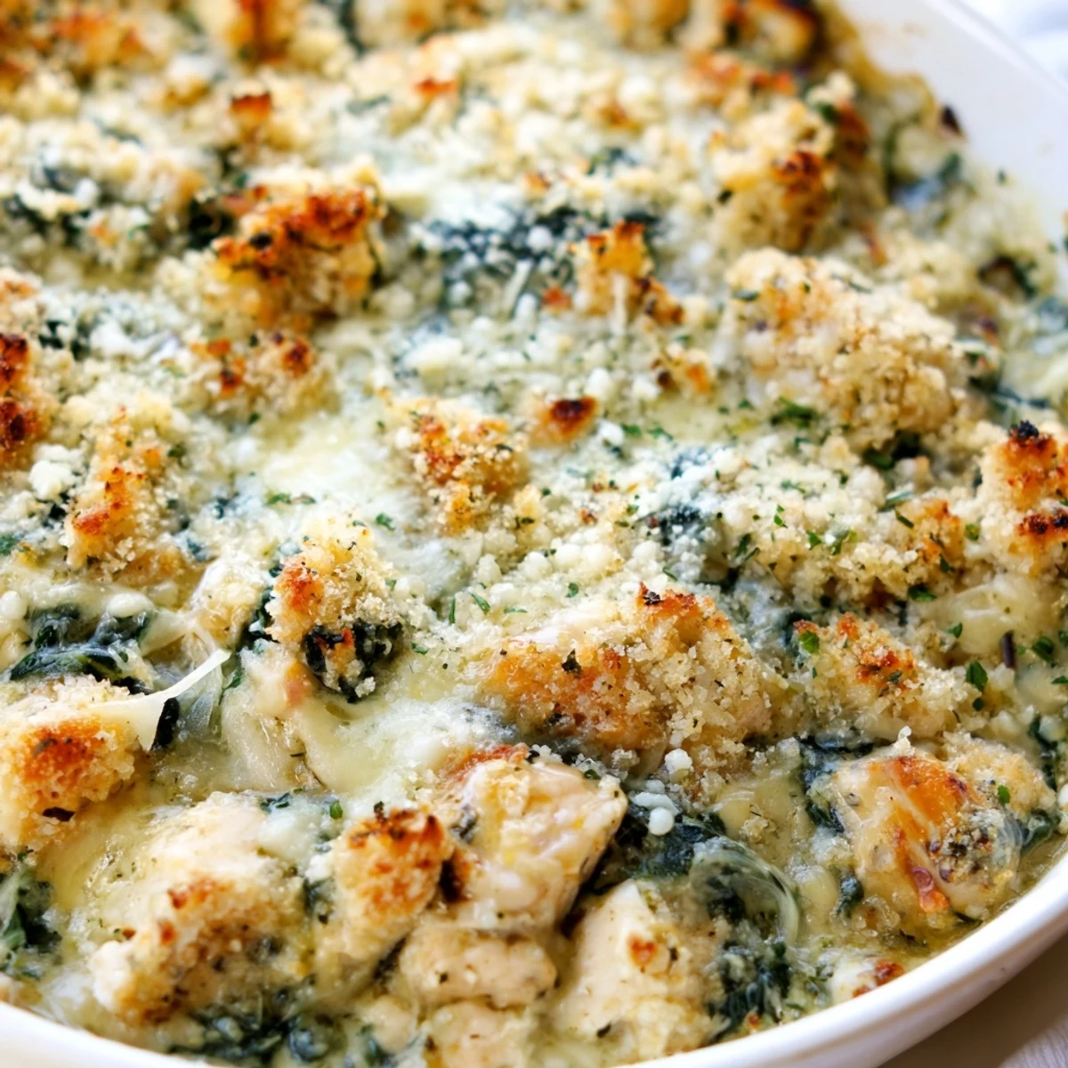 Golden bubbling creamy chicken spinach casserole fresh from the oven