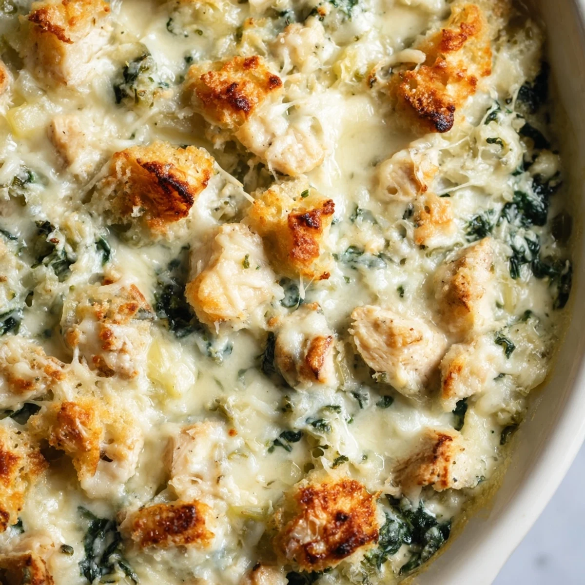 Spoonful of creamy chicken spinach casserole with tender chicken and wilted spinach